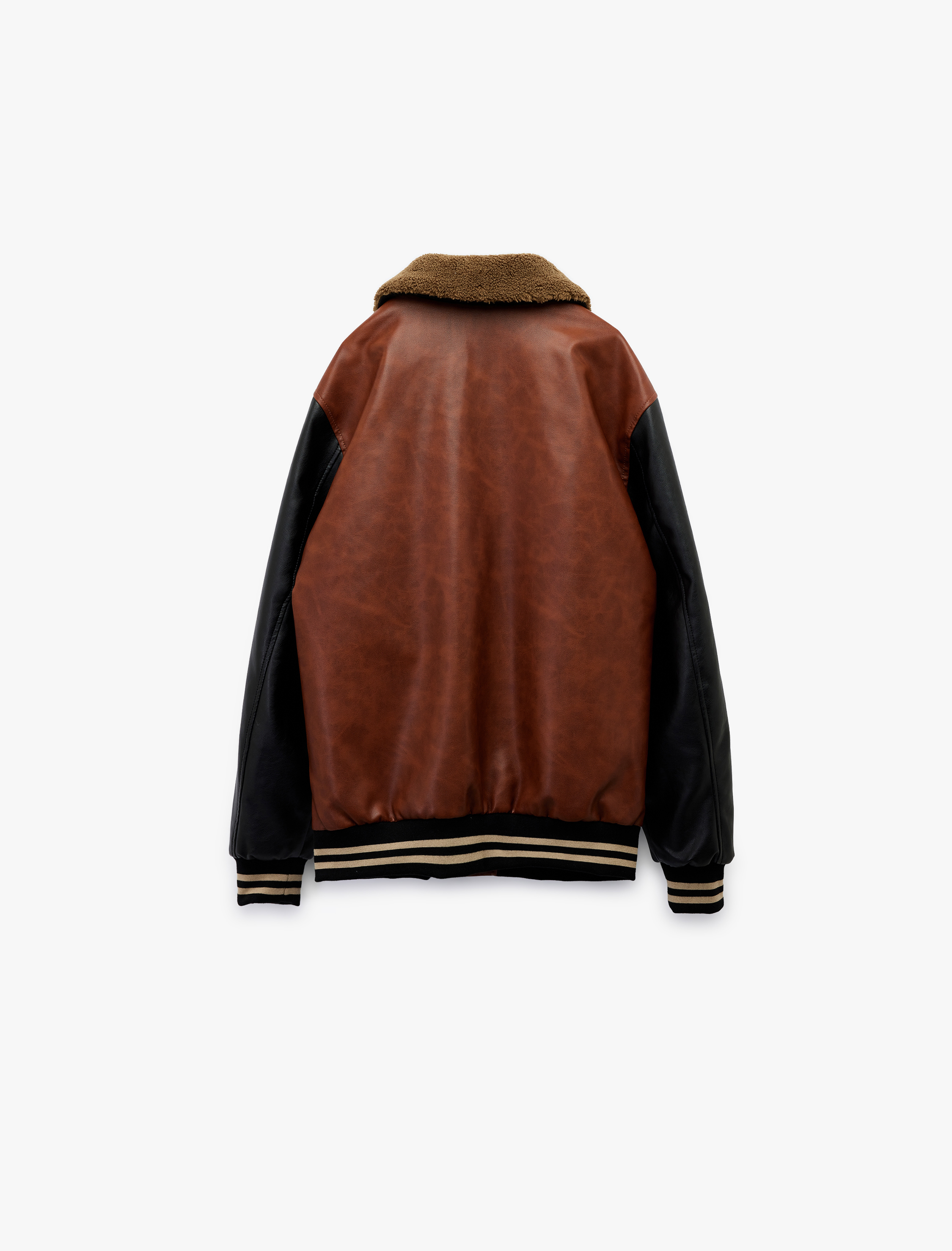   Peluş Yaka Renk Bloklu Çıtçıt Düğmeli Cep Detaylı Suni Deri Bomber Ceket