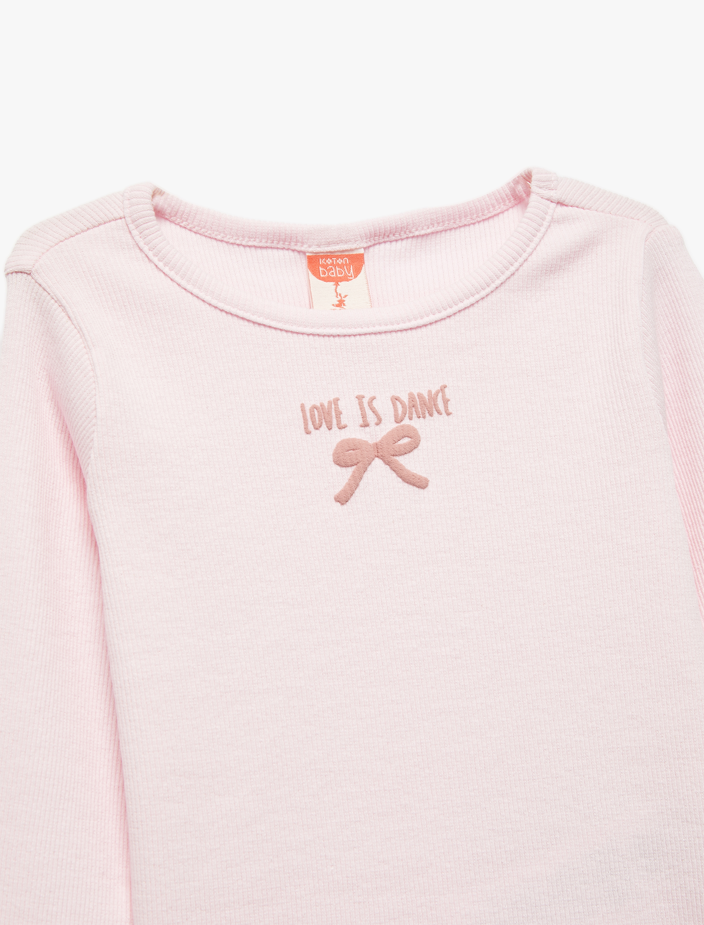  Kız Bebek Pamuklu Kaşkorse Bisiklet Yaka Fiyonk İşlemeli Uzun Kollu Tişört