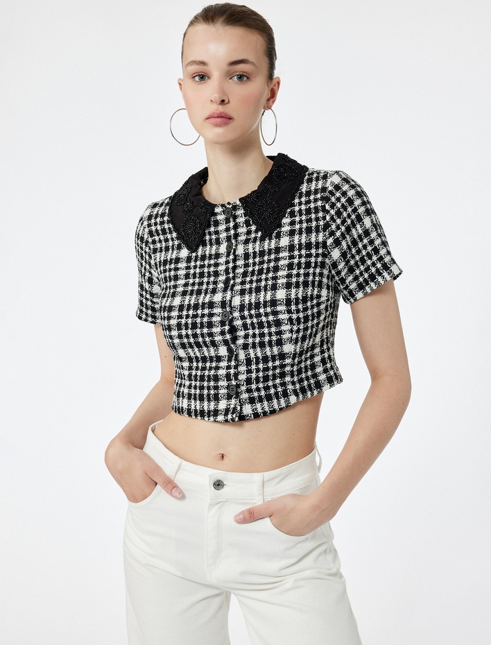  Kısa Kollu Düğmeli Bebe Yaka Ekoseli Dar Kesim Tüvit Gömlek