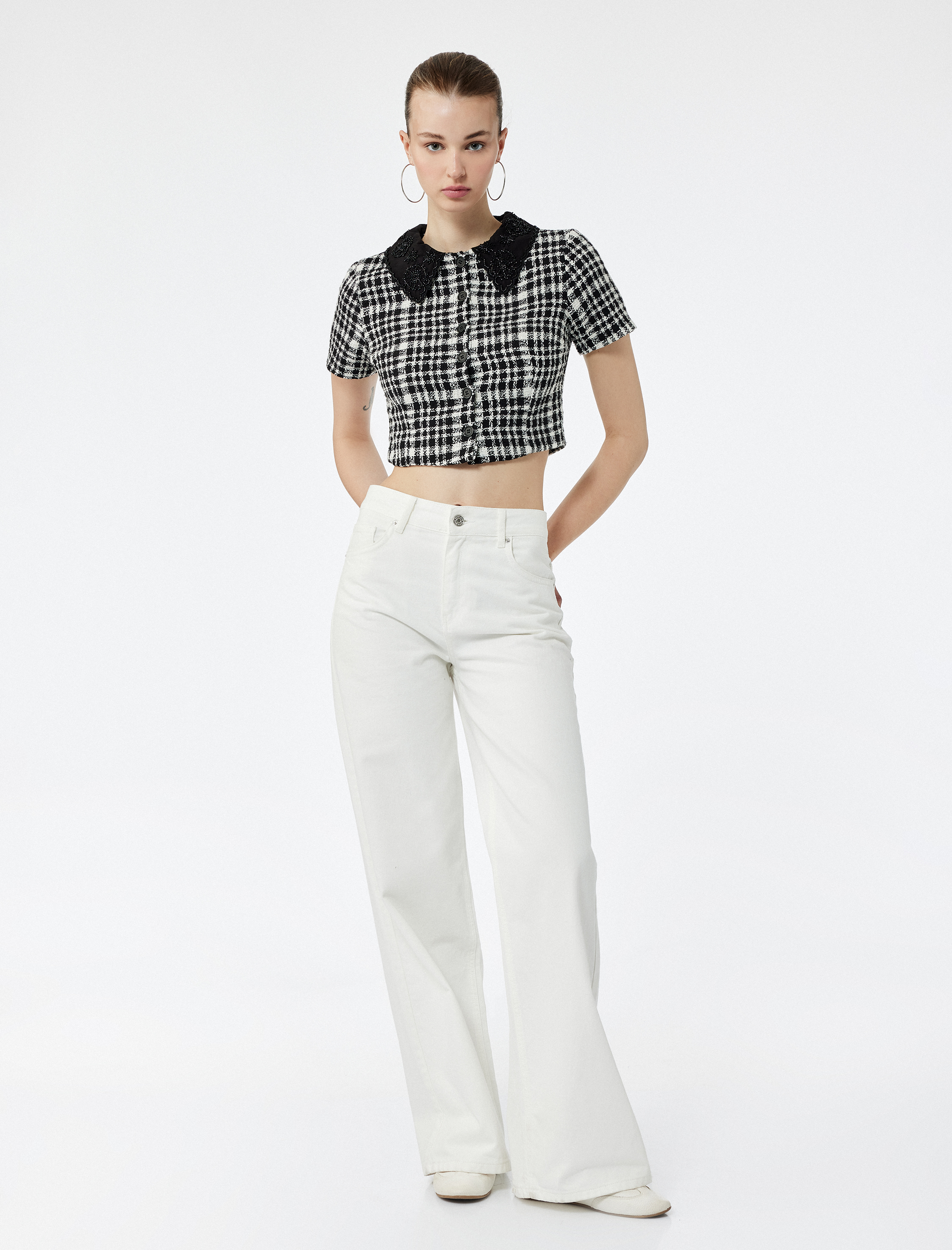   Kısa Kollu Düğmeli Bebe Yaka Ekoseli Dar Kesim Tüvit Gömlek