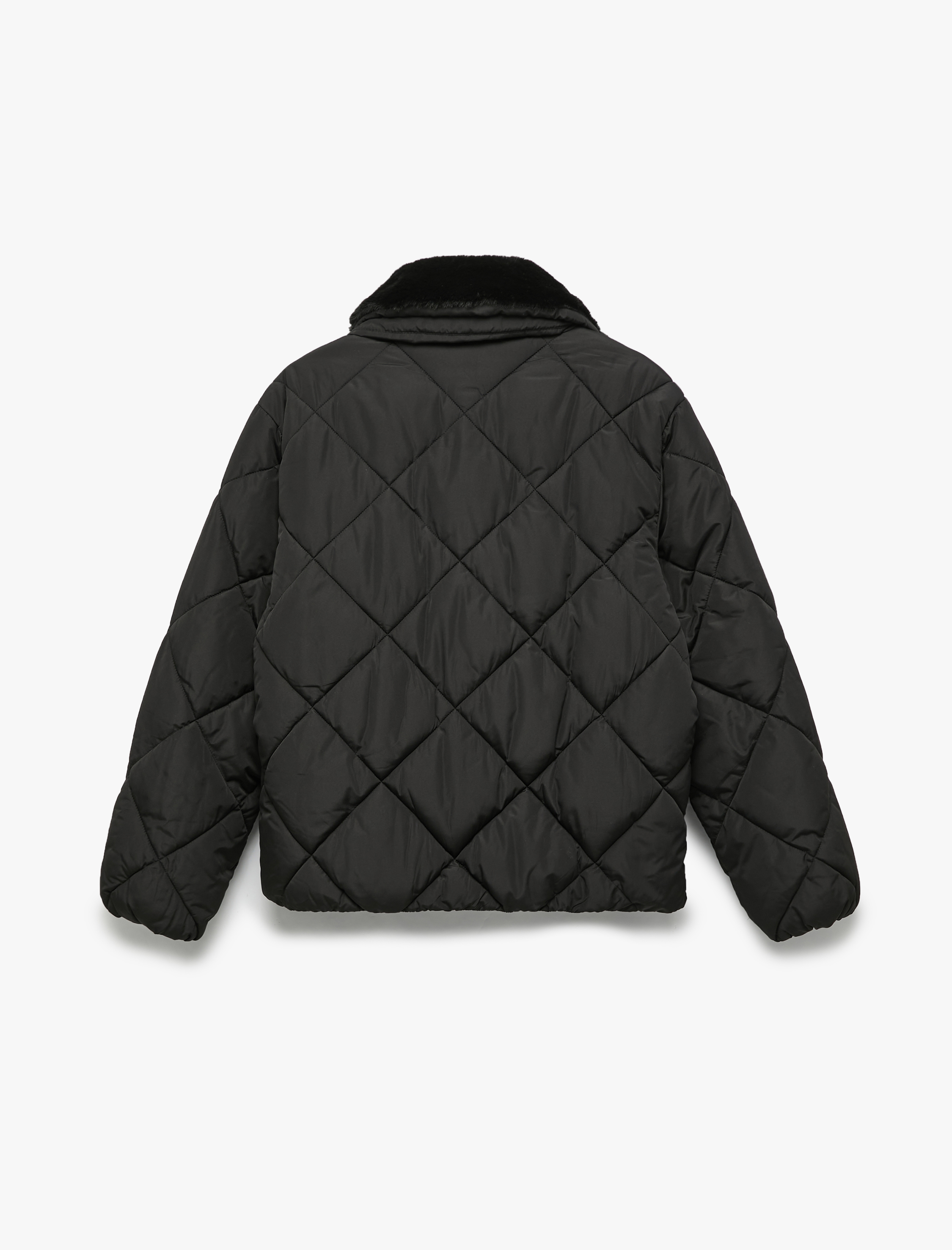   Suni Kürk Yakalı Uzun Kollu Fermuarlı Cepli Kapitone Ceket