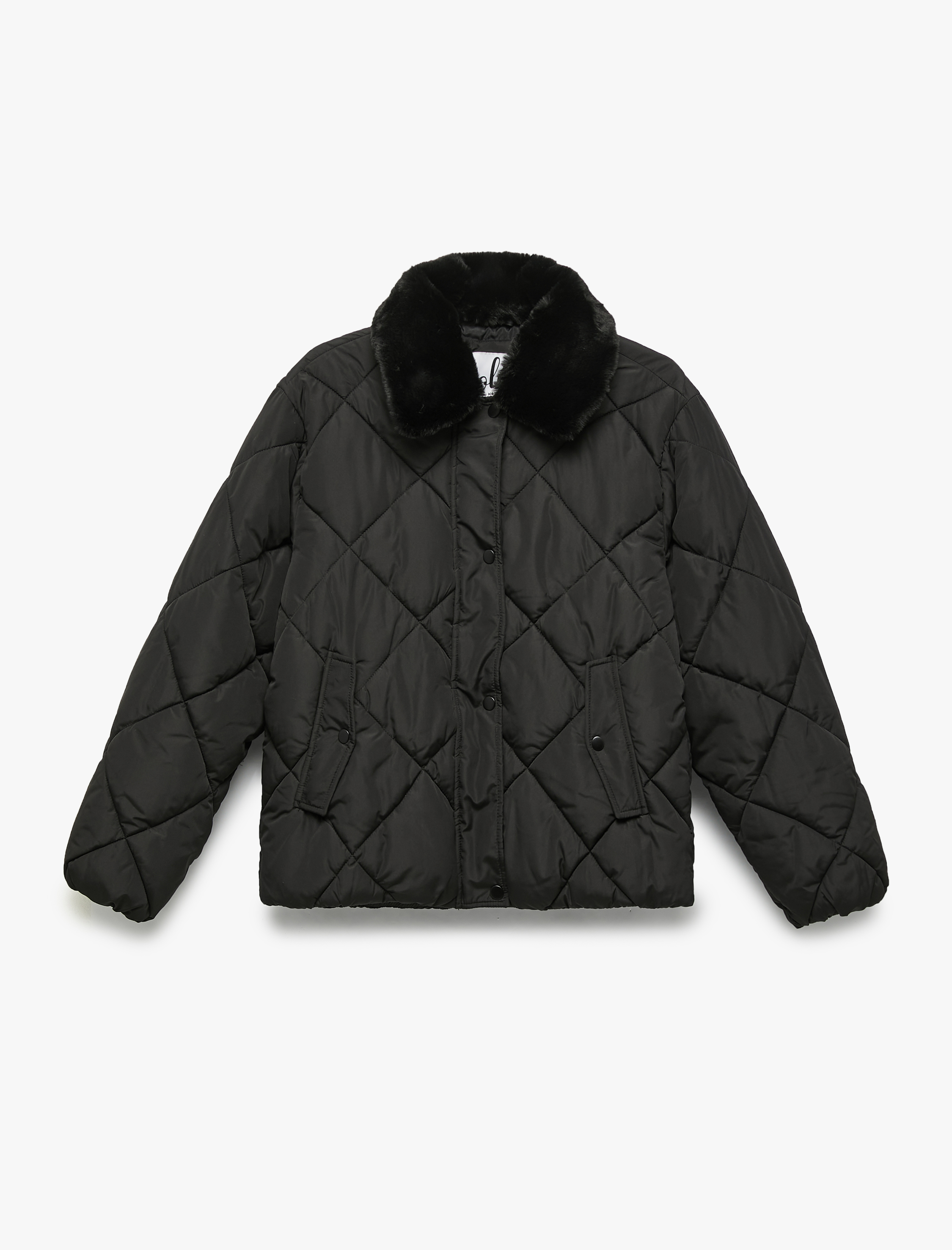   Suni Kürk Yakalı Uzun Kollu Fermuarlı Cepli Kapitone Ceket