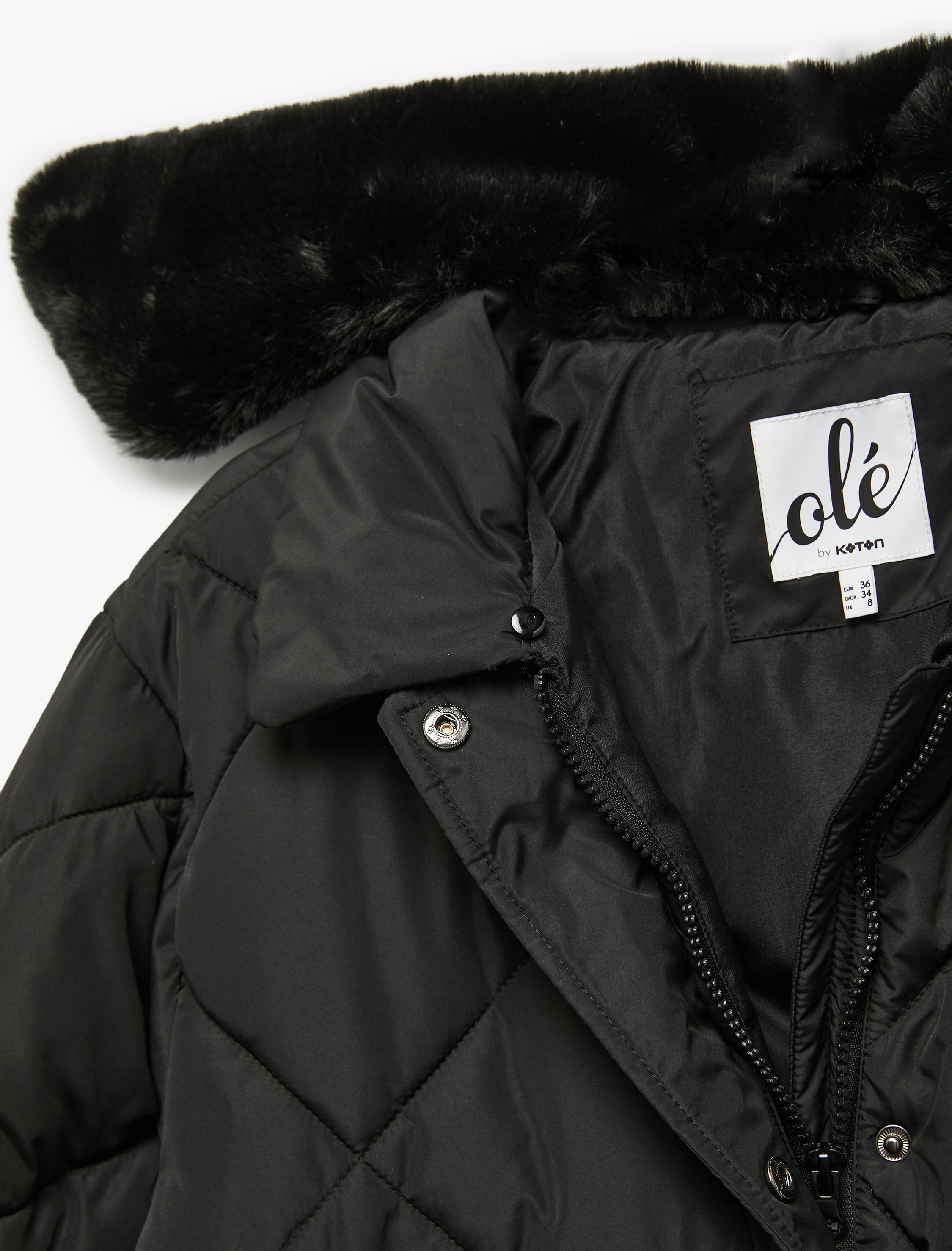   Suni Kürk Yakalı Uzun Kollu Fermuarlı Cepli Kapitone Ceket