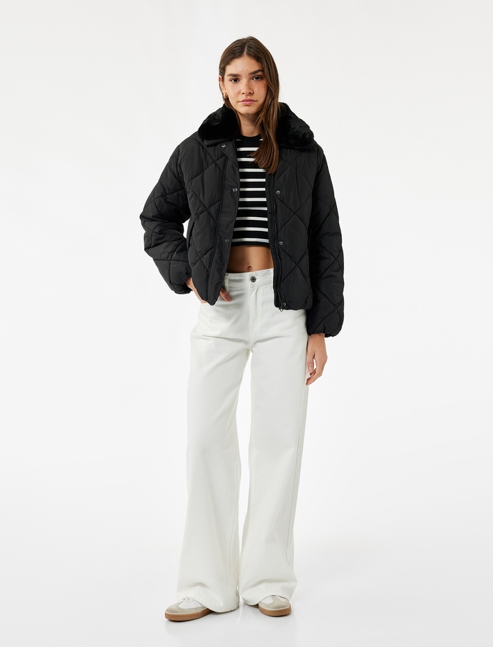  Suni Kürk Yakalı Uzun Kollu Fermuarlı Cepli Kapitone Ceket