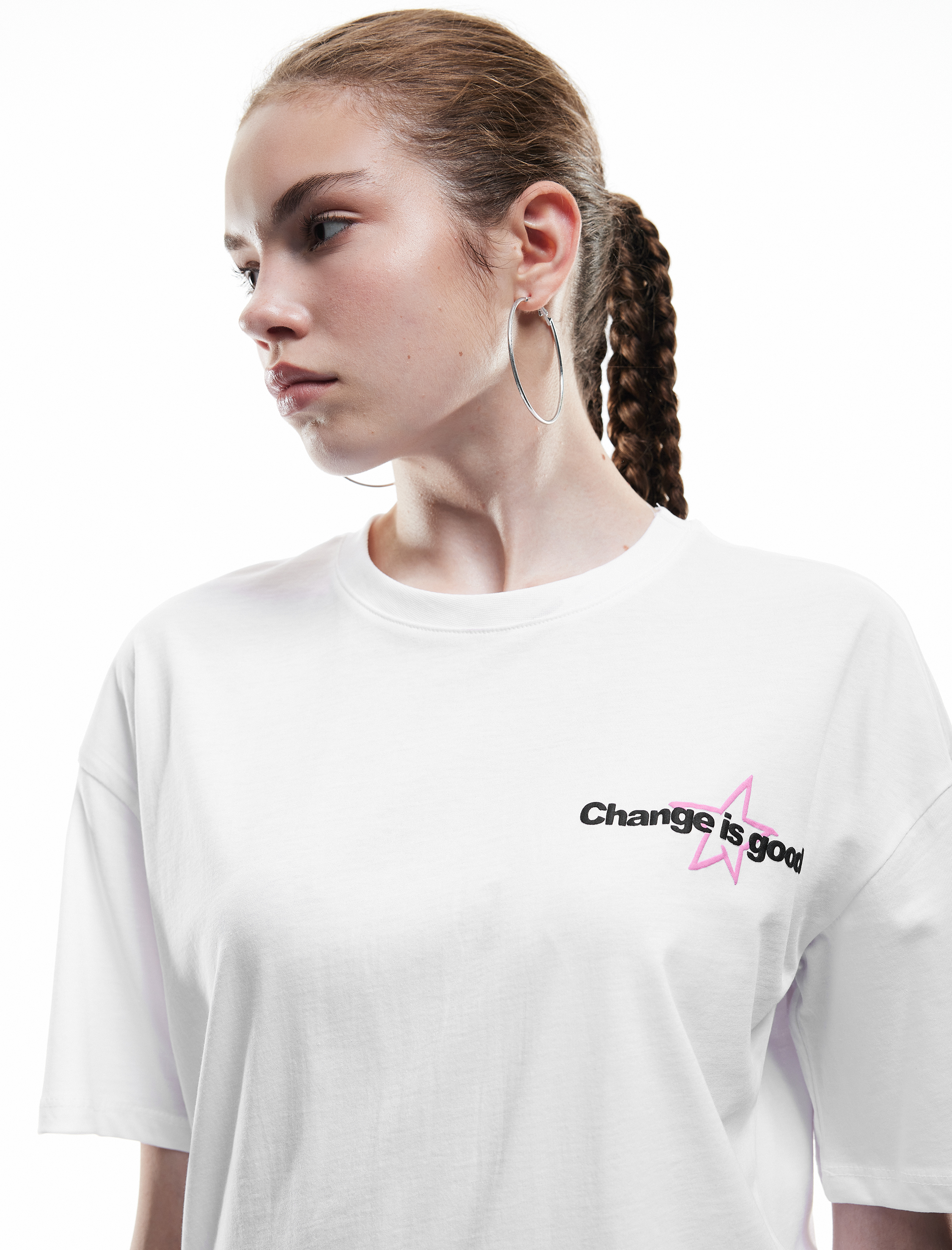   Kısa Kollu Bisiklet Yaka Arkası Baskılı Pamuklu Oversize Tişört