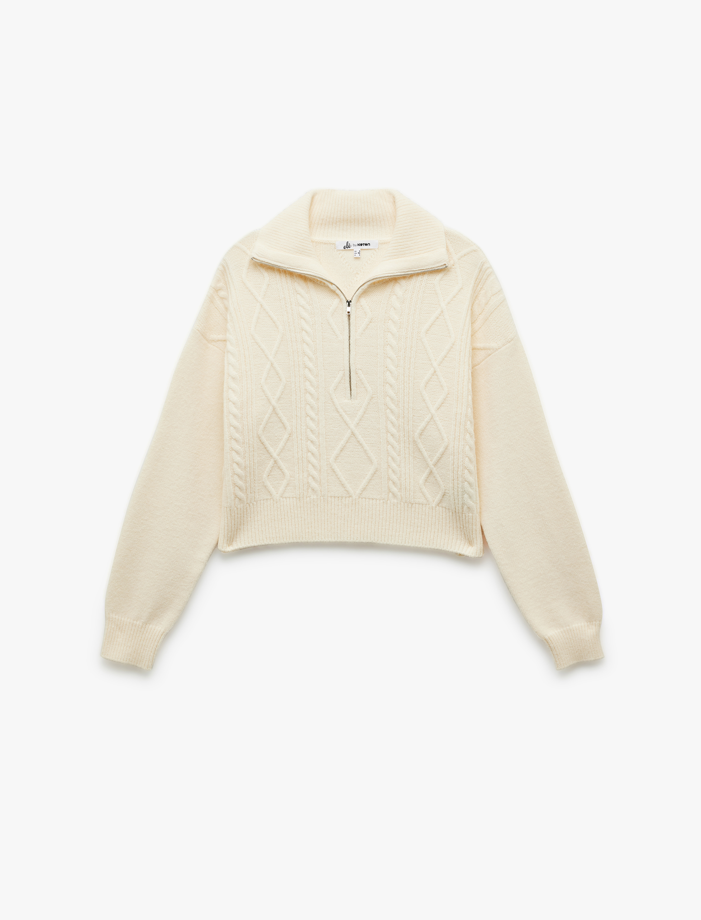   Yarım Fermuarlı Yaka Uzun Kollu Saç Örgü Dokulu Triko Kazak