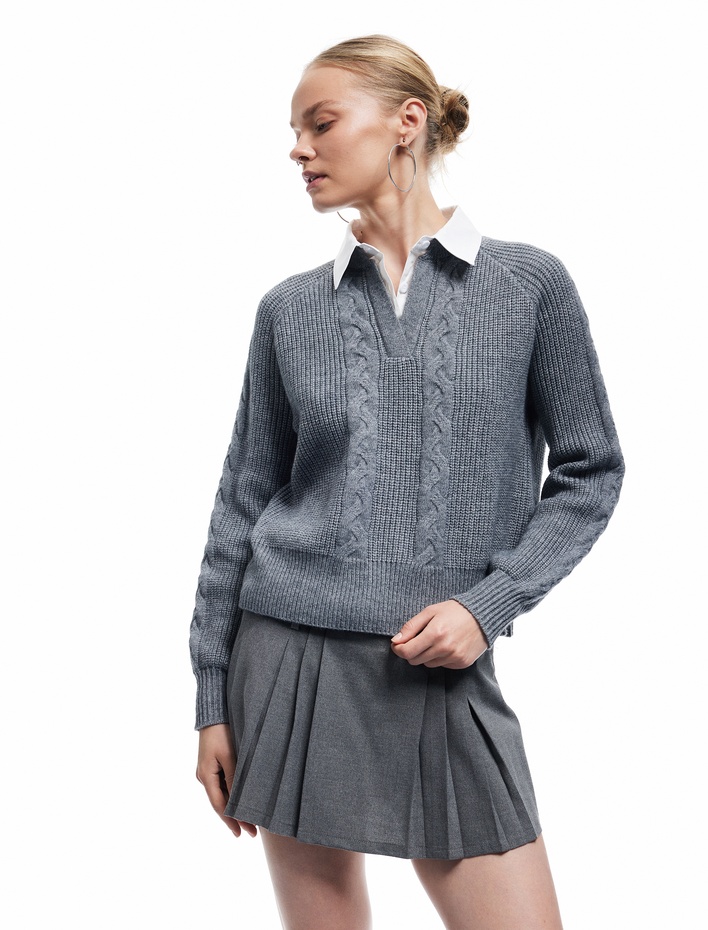  Uzun Kollu Gömlek Yaka Saç Örgü Dokulu Triko Kazak