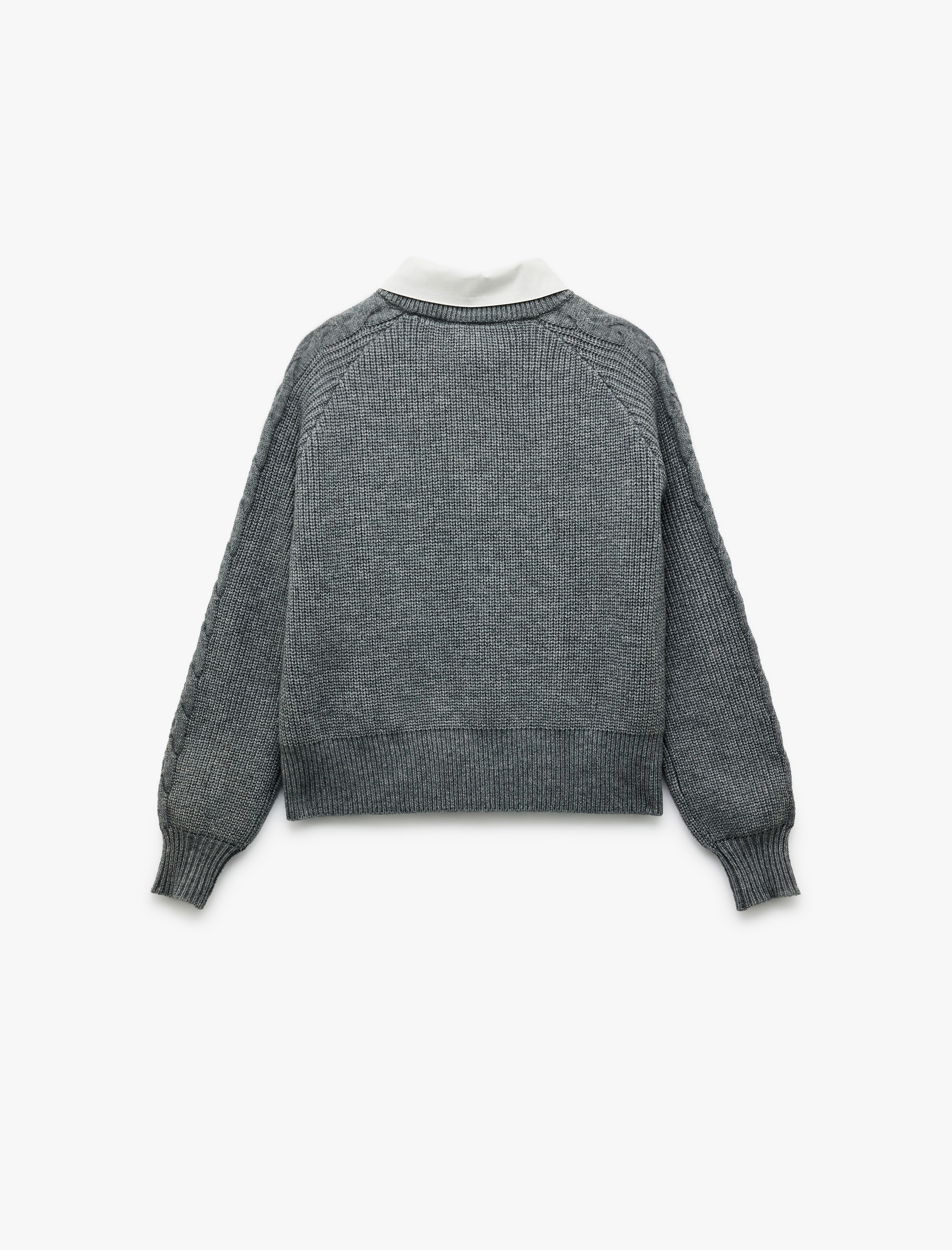   Uzun Kollu Gömlek Yaka Saç Örgü Dokulu Triko Kazak