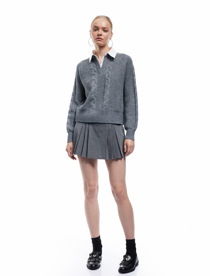  Uzun Kollu Gömlek Yaka Saç Örgü Dokulu Triko Kazak