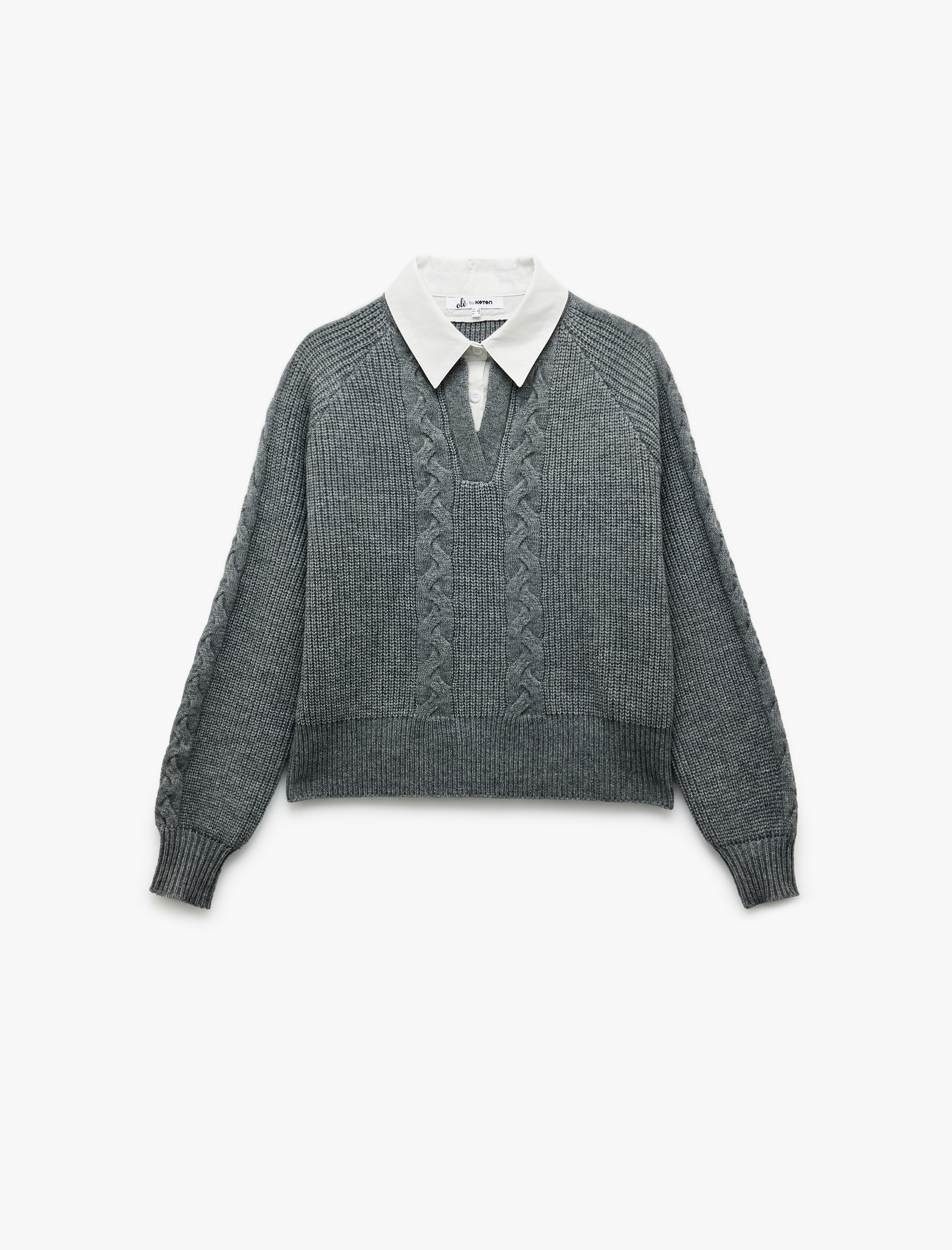   Uzun Kollu Gömlek Yaka Saç Örgü Dokulu Triko Kazak