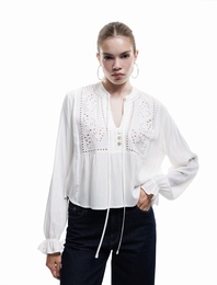 Viskon Uzun Kollu Bağlama Detaylı Düğmeli V Yaka Fisto Bluz