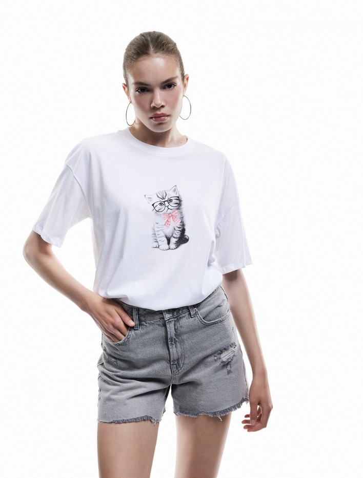  Kısa Kollu Bisiklet Yaka Pamuklu Kedi Baskılı Oversize Tişört