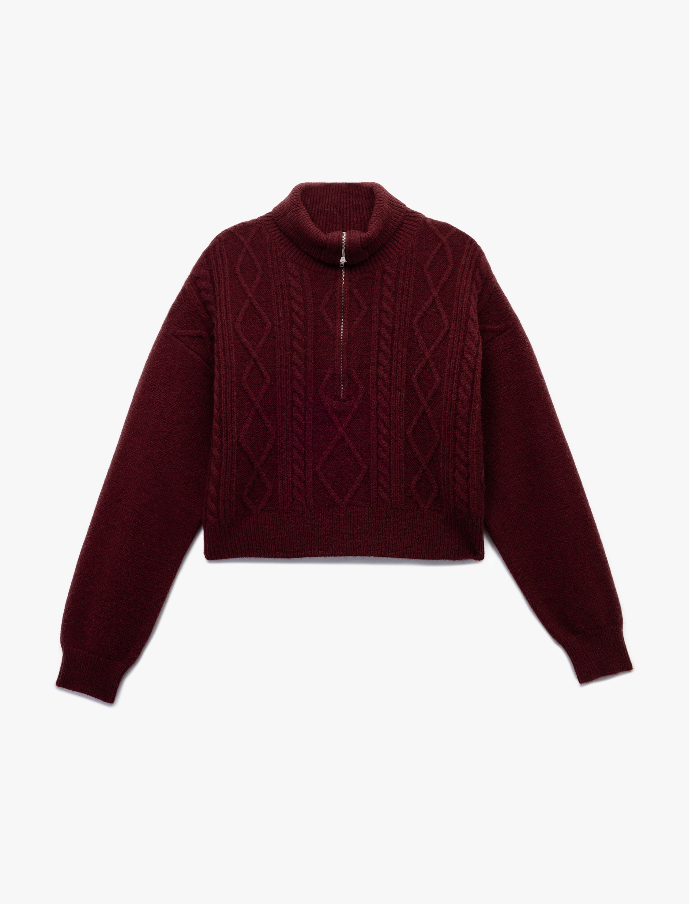   Yarım Fermuarlı Yaka Uzun Kollu Saç Örgü Dokulu Triko Kazak