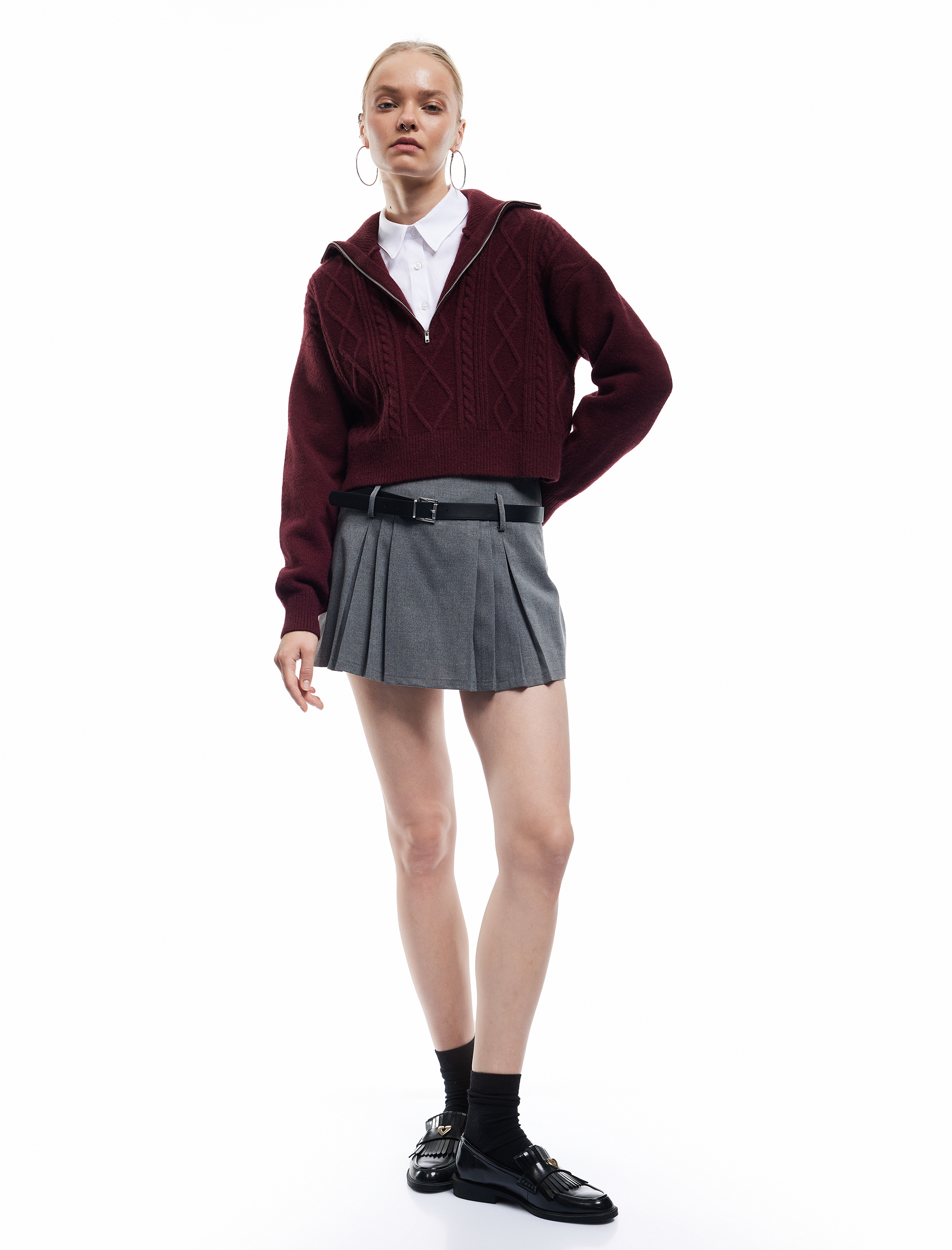   Yarım Fermuarlı Yaka Uzun Kollu Saç Örgü Dokulu Triko Kazak