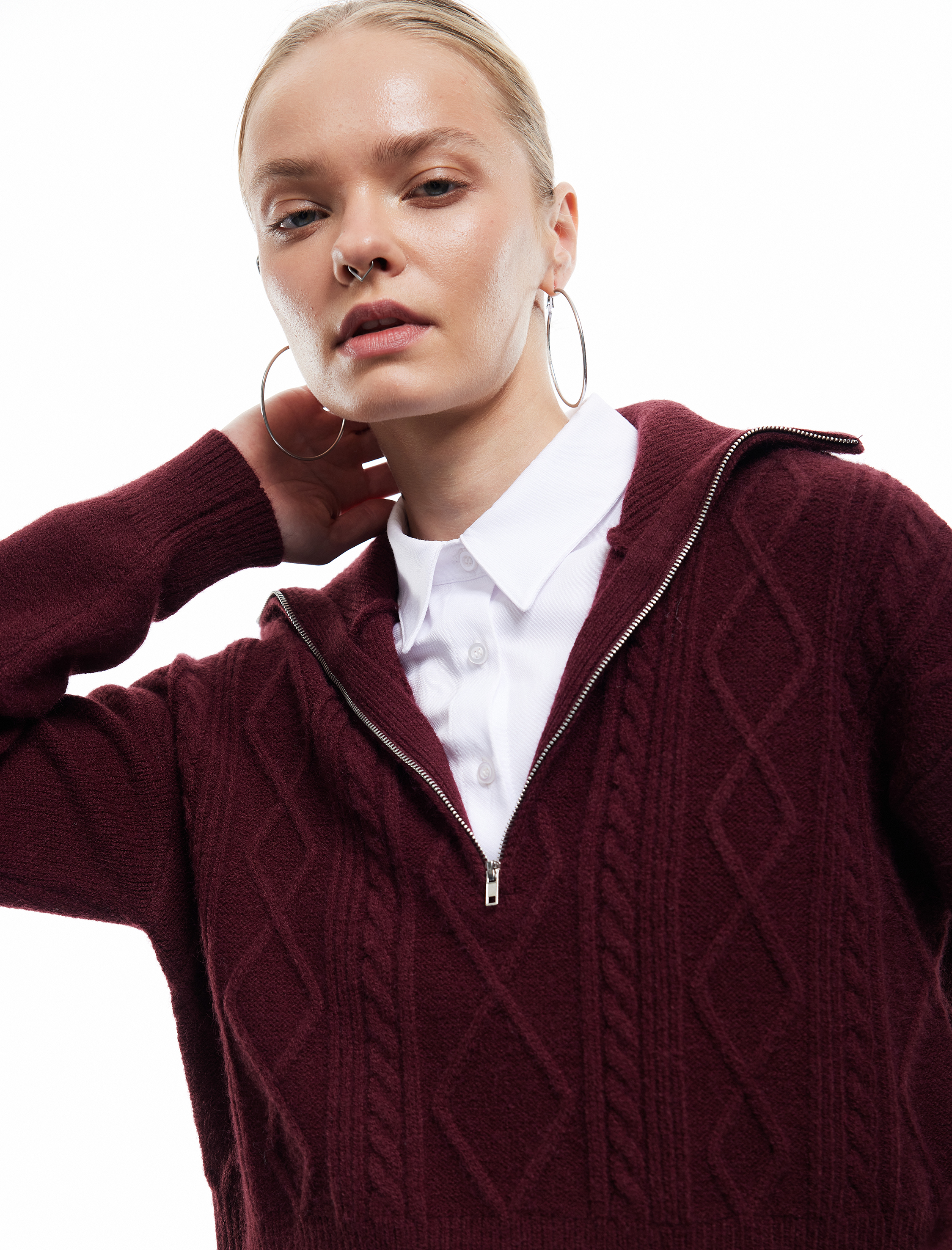   Yarım Fermuarlı Yaka Uzun Kollu Saç Örgü Dokulu Triko Kazak