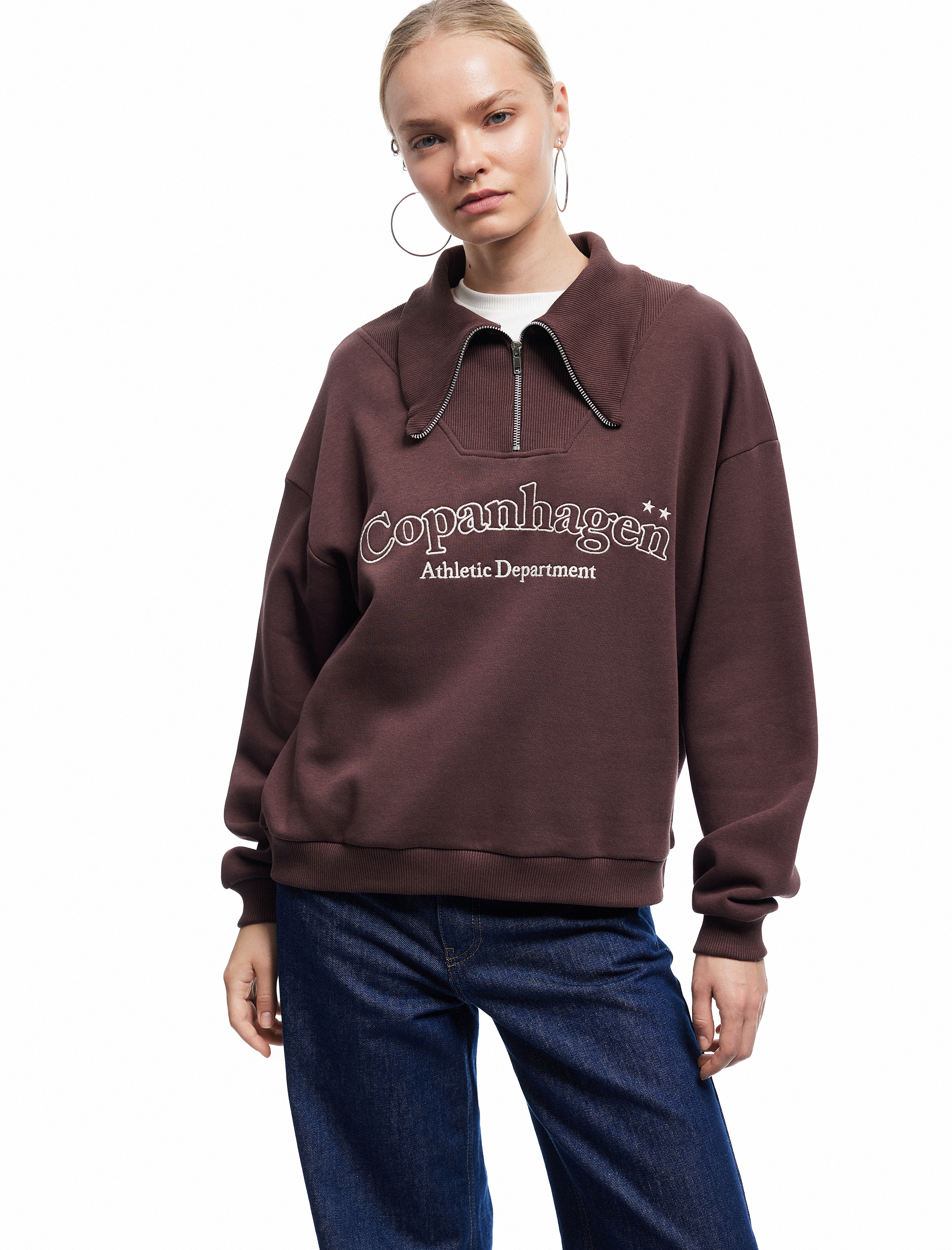   Şardonlu Uzun Kollu Yarım Fermuarlı Yaka Baskılı Oversize Sweatshirt