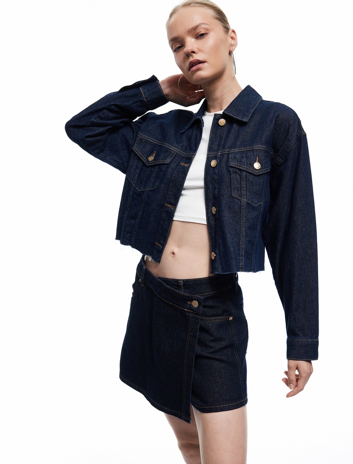  Pamuklu Normal Bel Asimetrik Kesim Düğmeli Denim Şort Etek
