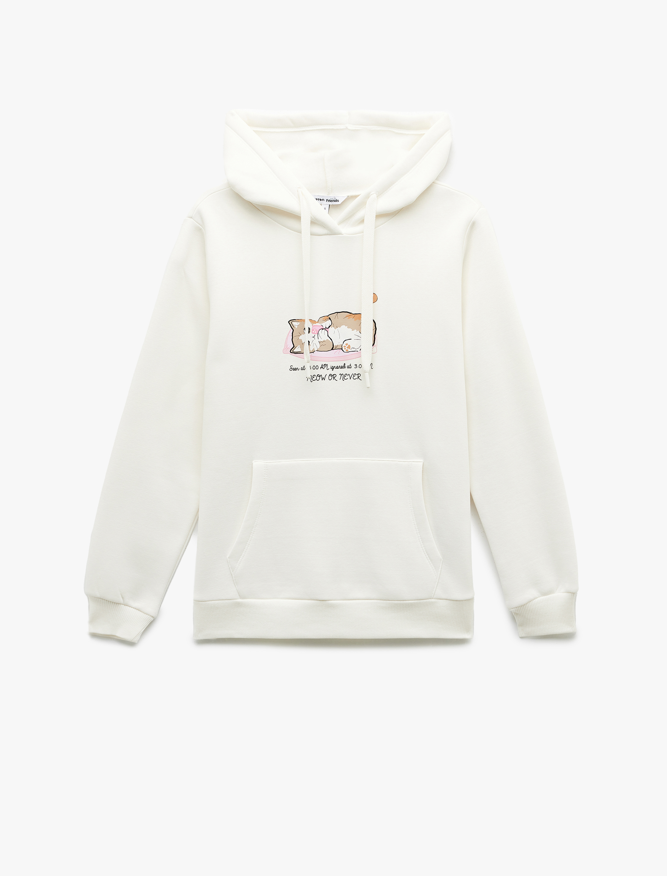   Üç İplik Şardonlu Kanguru Cep Detaylı Kedi Baskılı Kapüşonlu Sweatshirt