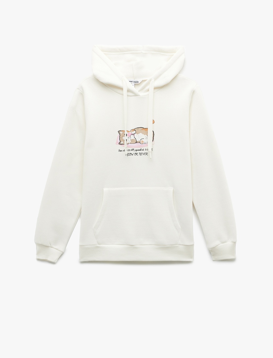   Üç İplik Şardonlu Kanguru Cep Detaylı Kedi Baskılı Kapüşonlu Sweatshirt