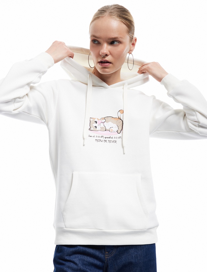  Üç İplik Şardonlu Kanguru Cep Detaylı Kedi Baskılı Kapüşonlu Sweatshirt