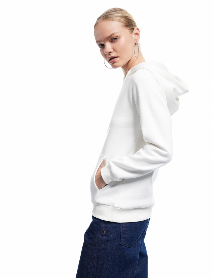  Üç İplik Şardonlu Kanguru Cep Detaylı Kedi Baskılı Kapüşonlu Sweatshirt