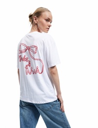 Bisiklet Yaka Kısa Kollu Pamuklu Arkası Fiyonk Baskılı Oversize Tişört