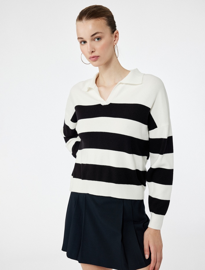  Uzun Kollu Polo Yaka Çizgili Triko Kazak