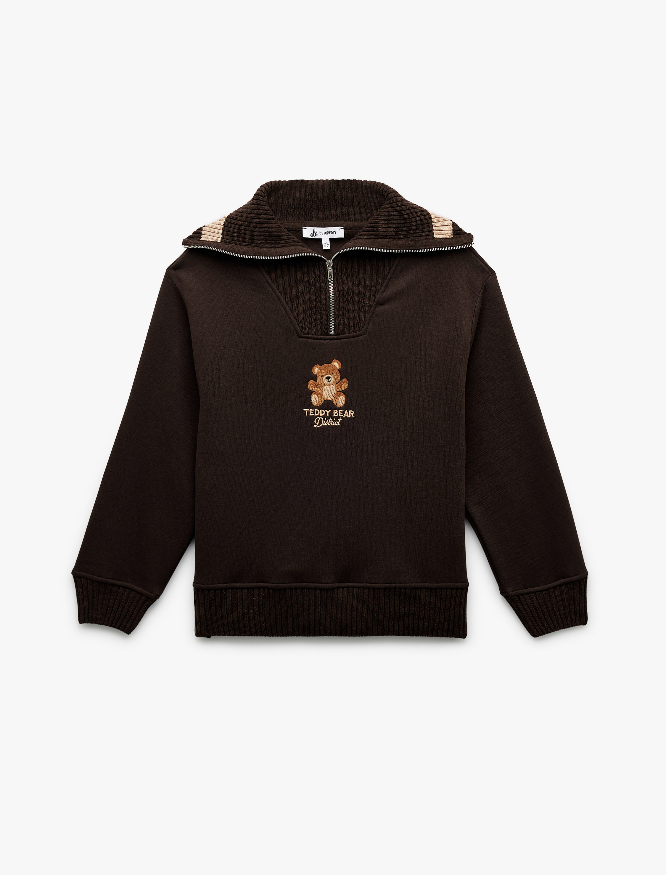   Şardonlu Uzun Kollu Yarım Fermuarlı Ayıcık Nakışlı Oversize Sweatshirt