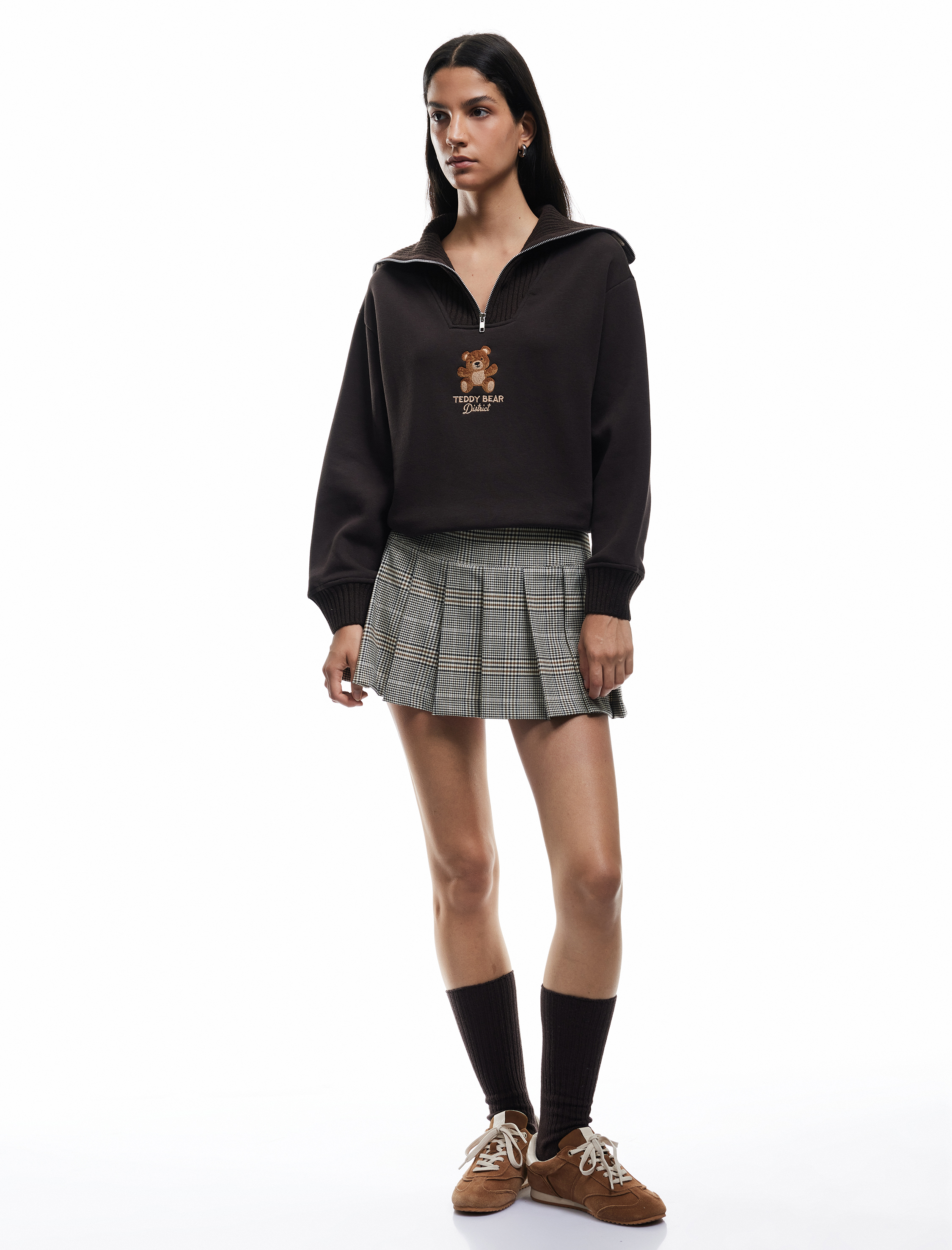   Şardonlu Uzun Kollu Yarım Fermuarlı Ayıcık Nakışlı Oversize Sweatshirt