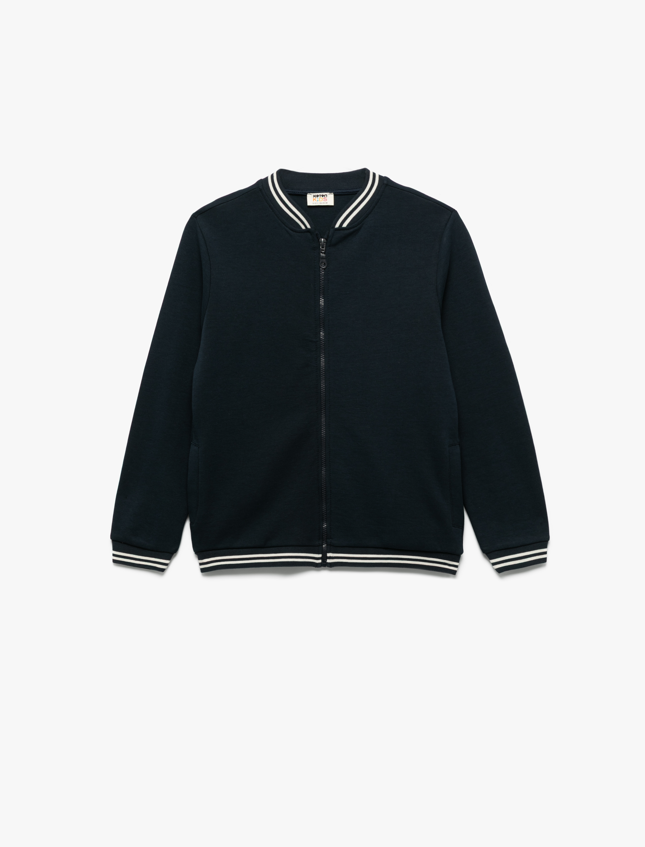  Erkek Çocuk Pamuklu Cepli Şerit Detaylı Kolej Yaka Uzun Kollu Fermuarlı Bomber Okul Ceketi