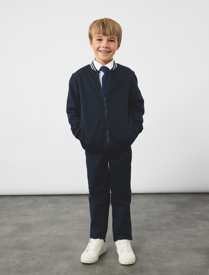 Erkek Çocuk Pamuklu Cepli Şerit Detaylı Kolej Yaka Uzun Kollu Fermuarlı Bomber Okul Ceketi