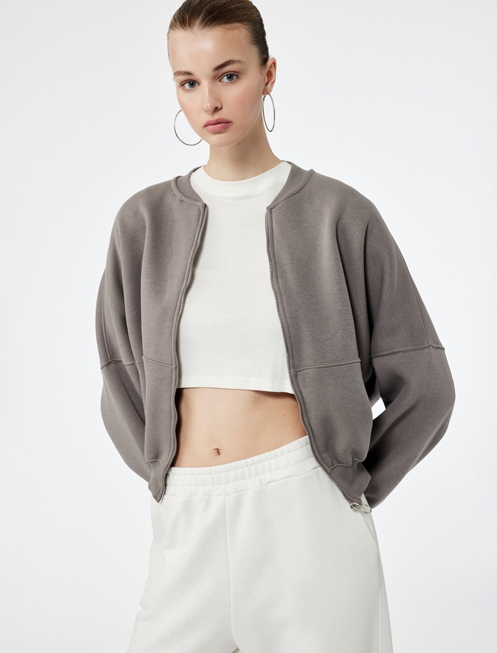  Üç İplik Şardonlu Uzun Kollu Fermuarlı Bomber Yaka Sweatshirt