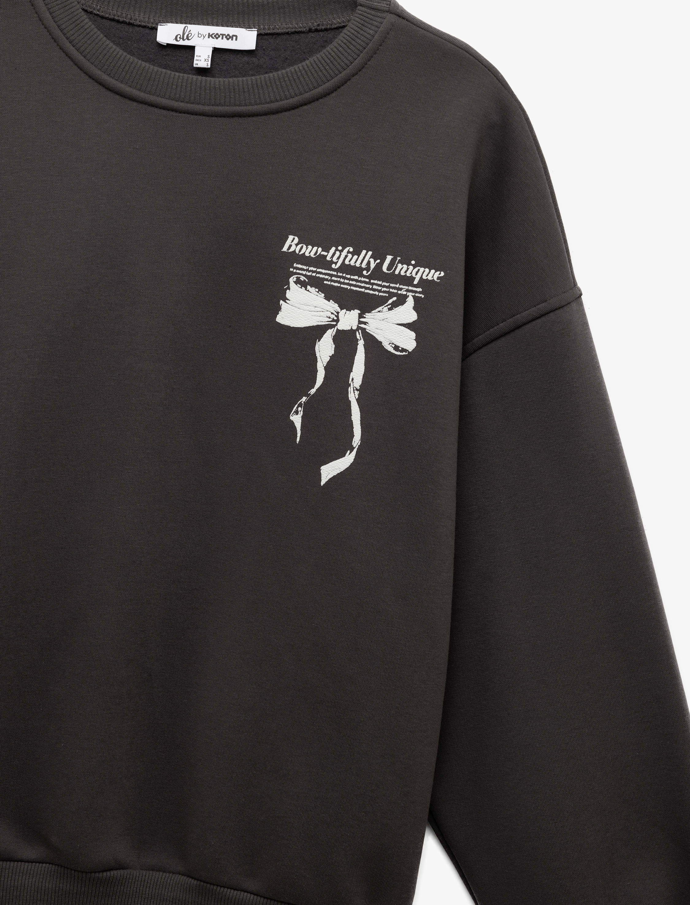   Şardonlu Uzun Kollu Bisiklet Yaka Fiyonk Baskılı Oversize Sweatshirt