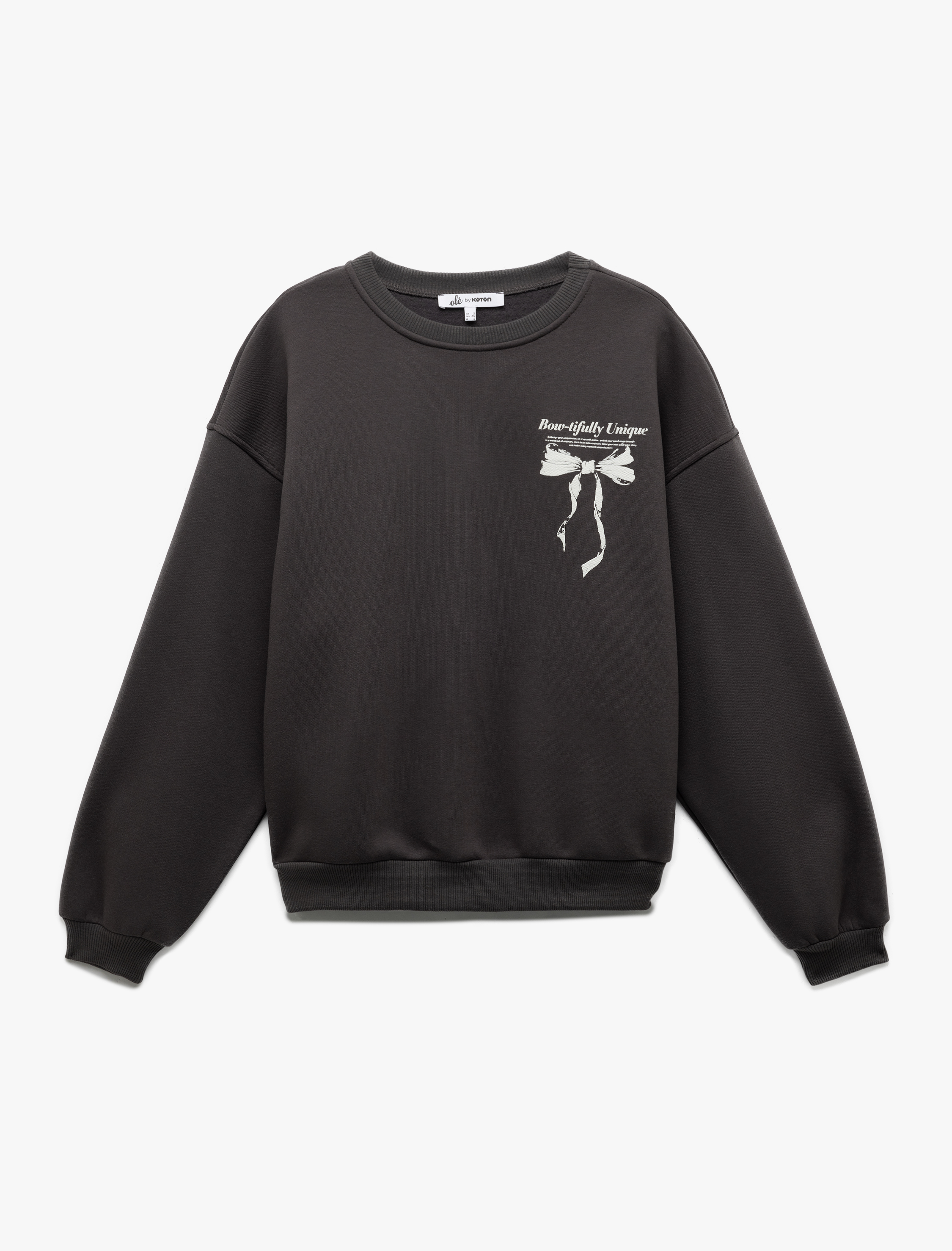   Şardonlu Uzun Kollu Bisiklet Yaka Fiyonk Baskılı Oversize Sweatshirt