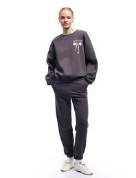 Şardonlu Uzun Kollu Bisiklet Yaka Fiyonk Baskılı Oversize Sweatshirt