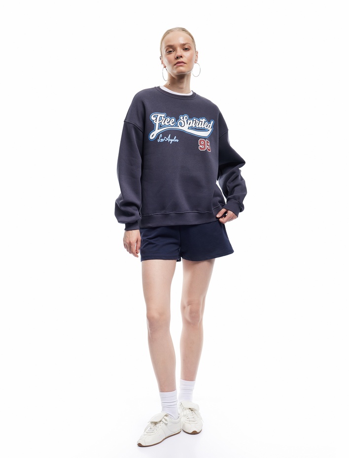  Şardonlu Uzun Kollu Bisiklet Yaka Baskılı Oversize Sweatshirt