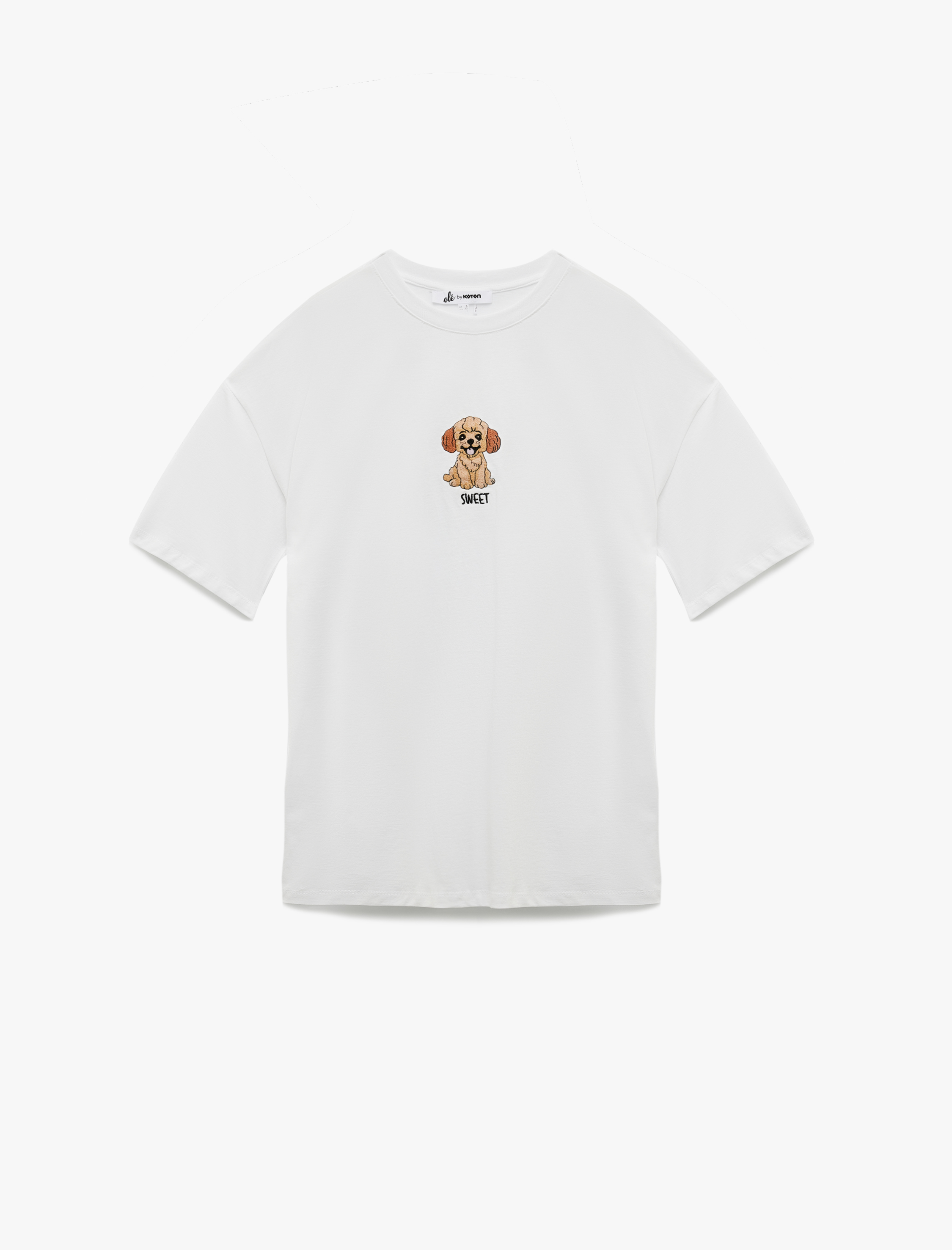 Kısa Kollu Bisiklet Yaka Köpek Nakışlı Pamuklu Tişört