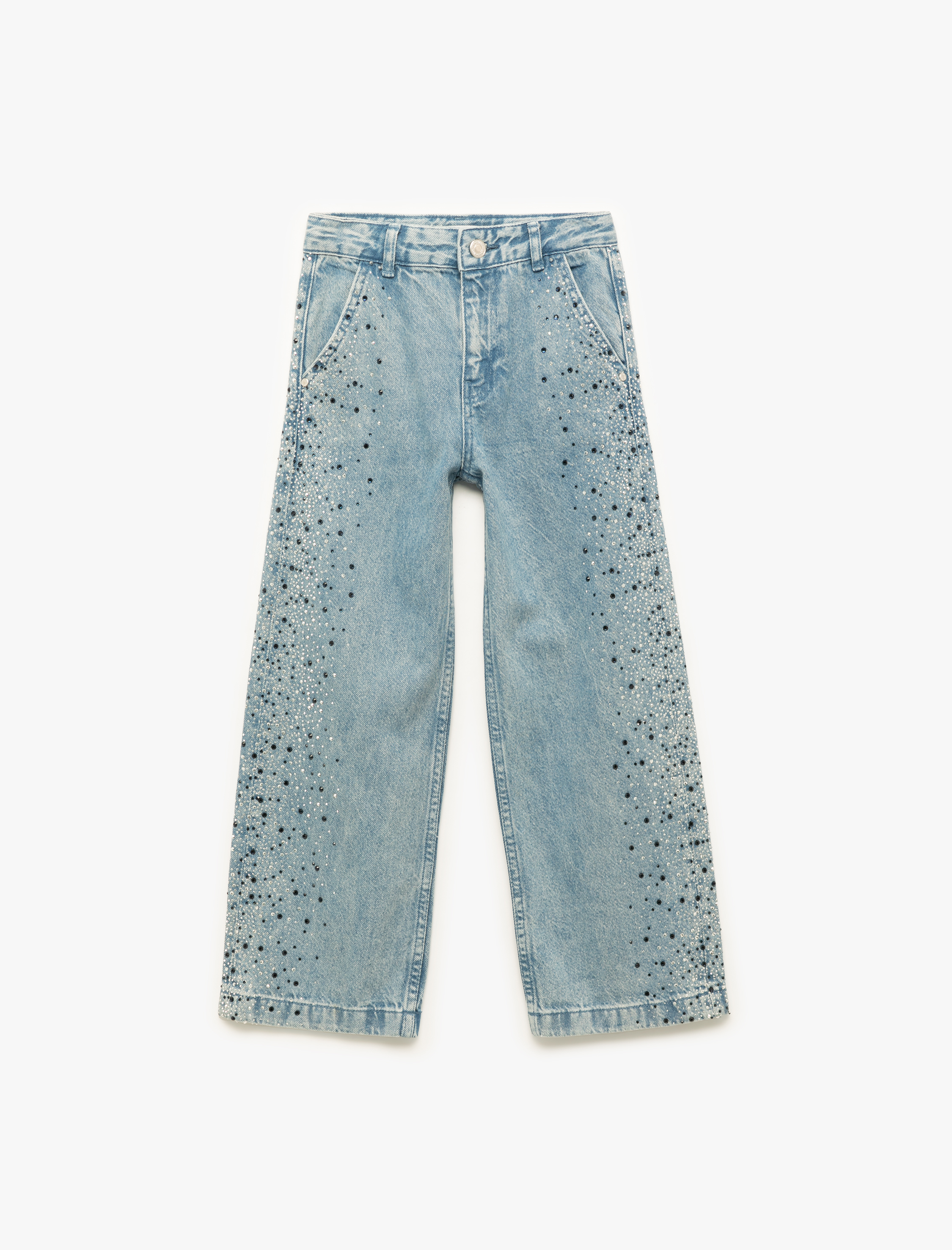  Kız Çocuk Pamuklu Taş Detaylı Cepli Geniş Paça Denim Pantolon