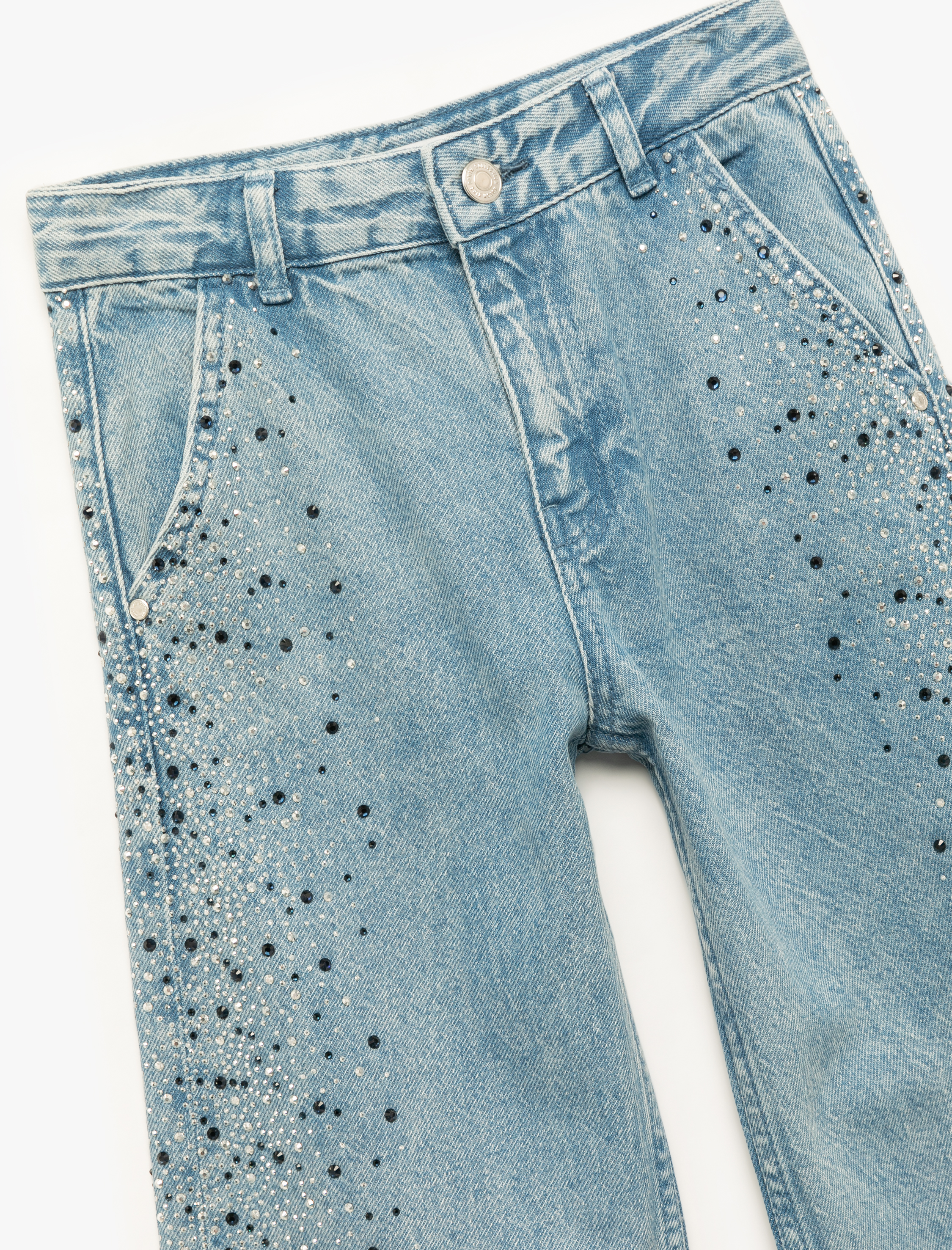  Kız Çocuk Pamuklu Taş Detaylı Cepli Geniş Paça Denim Pantolon