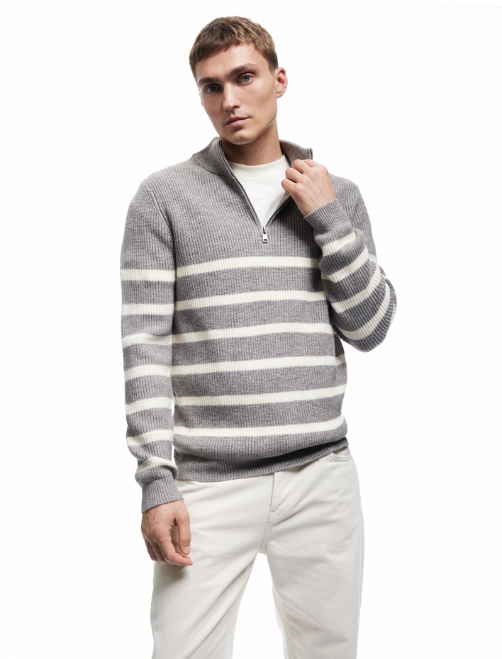  Uzun Kollu Çizgili Yarım Fermuarlı Triko Kazak