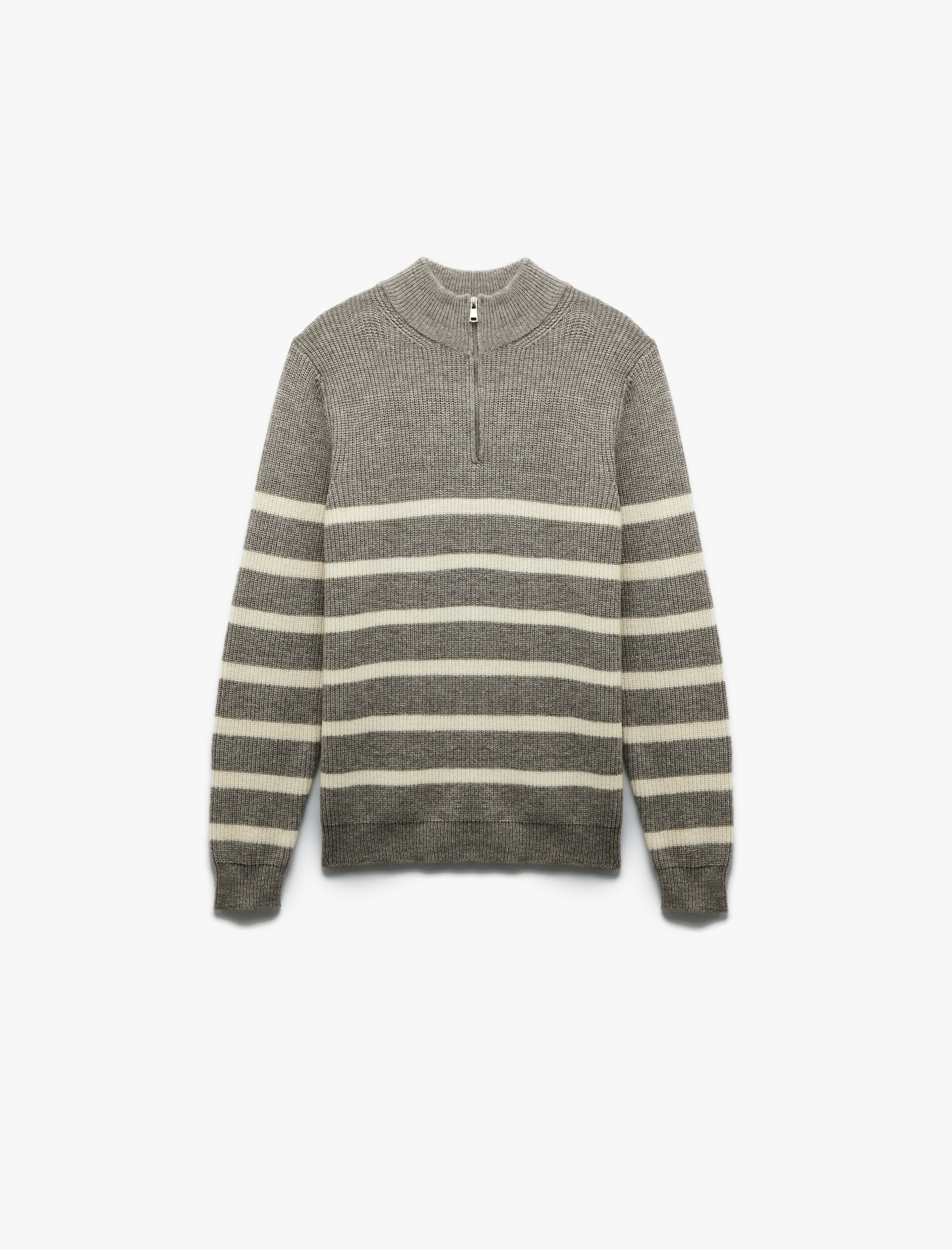 Uzun Kollu Çizgili Yarım Fermuarlı Triko Kazak