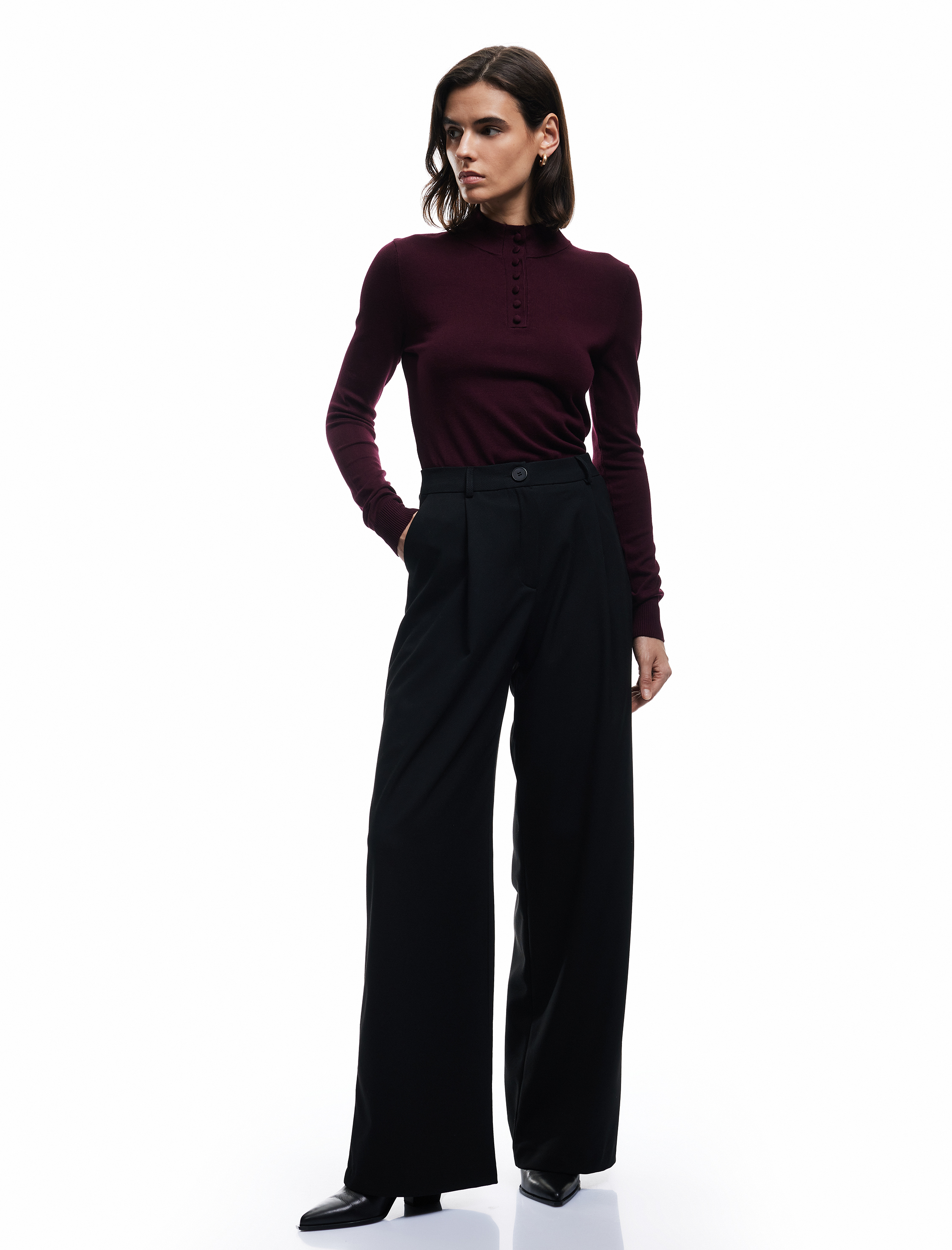   Hafif Dik Yaka Yarım Düğme Detaylı Uzun Kollu Triko Basic Kazak