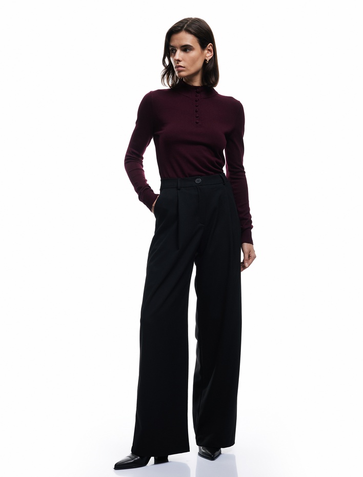  Hafif Dik Yaka Yarım Düğme Detaylı Uzun Kollu Triko Basic Kazak