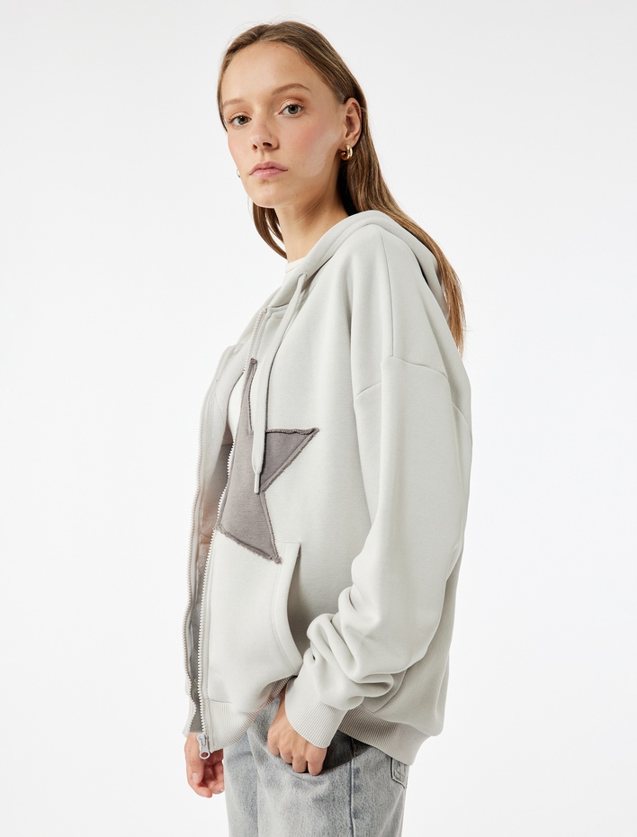  Yıldız Baskılı Şardonlu Kapüşonlu Kanguru Cepli Oversize Fermuarlı Sweatshirt