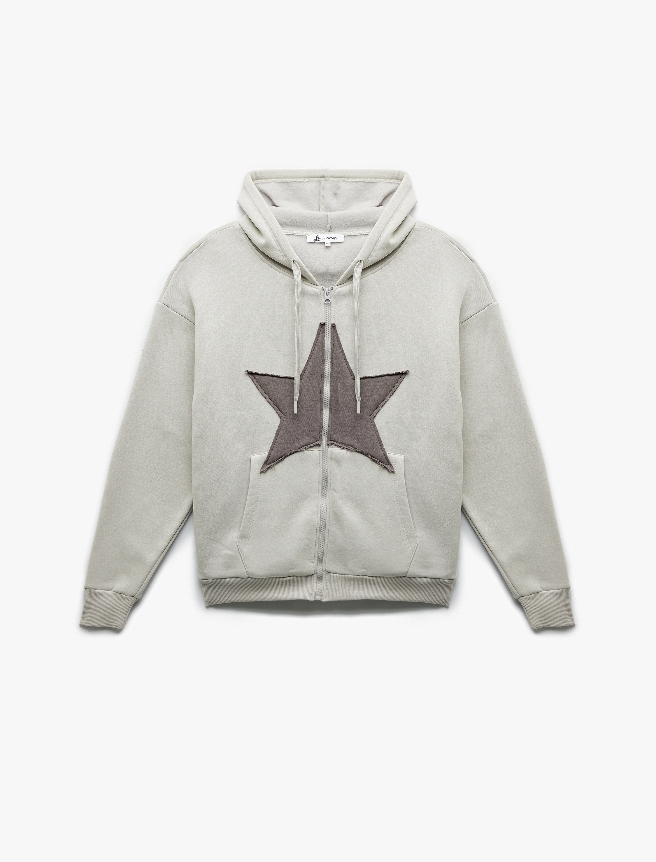   Yıldız Baskılı Şardonlu Kapüşonlu Kanguru Cepli Oversize Fermuarlı Sweatshirt
