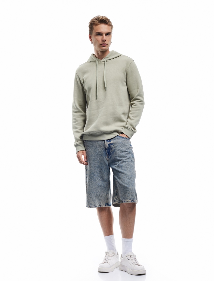   Şardonlu Uzun Kollu Basic Kapşonlu Sweatshirt
