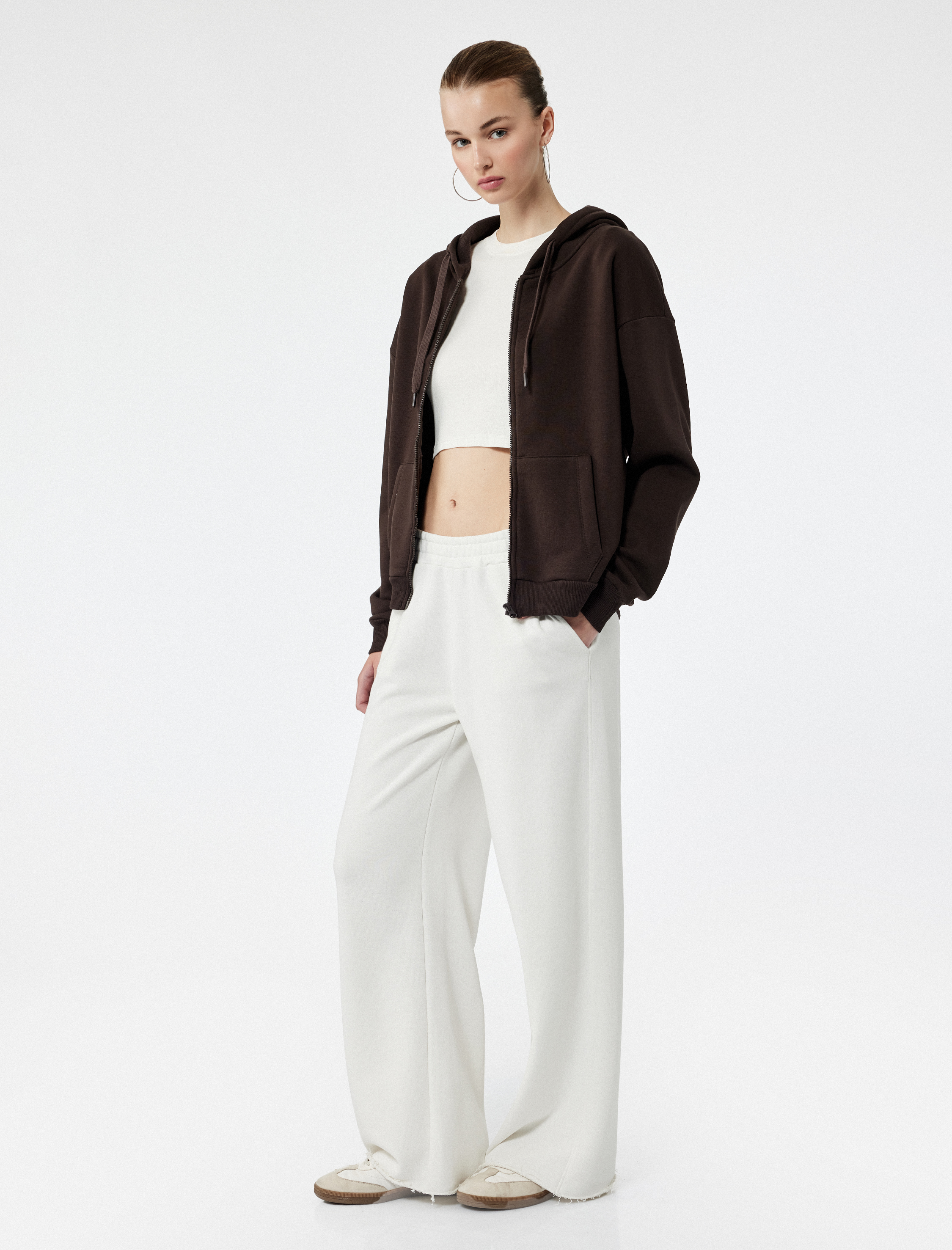   Şardonlu Uzun Kollu Kapüşonlu Kanguru Cepli Oversize Fermuarlı Sweatshirt