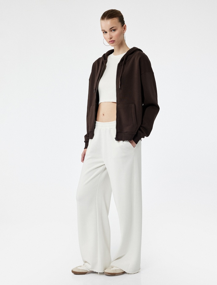  Şardonlu Uzun Kollu Kapüşonlu Kanguru Cepli Oversize Fermuarlı Sweatshirt