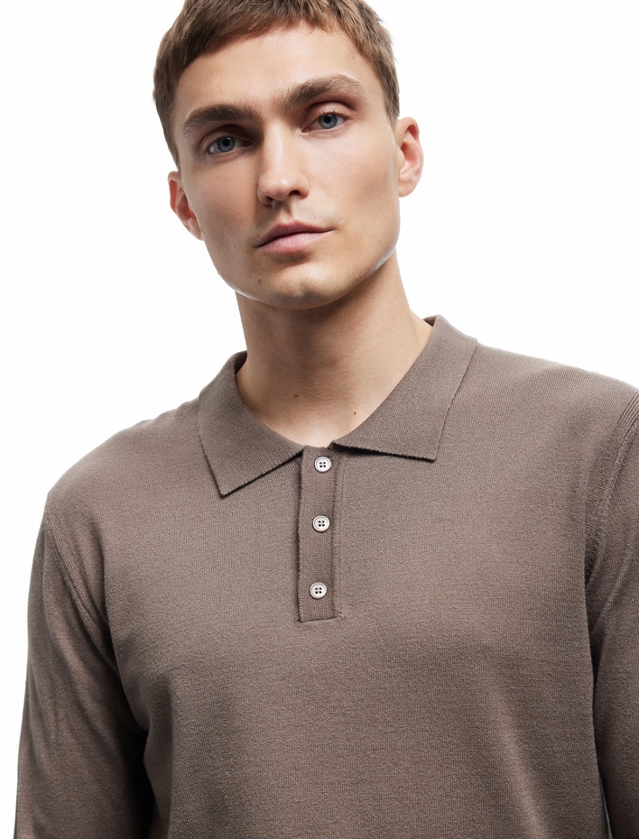  Uzun Kollu Düğmeli Polo Yaka Triko Kazak