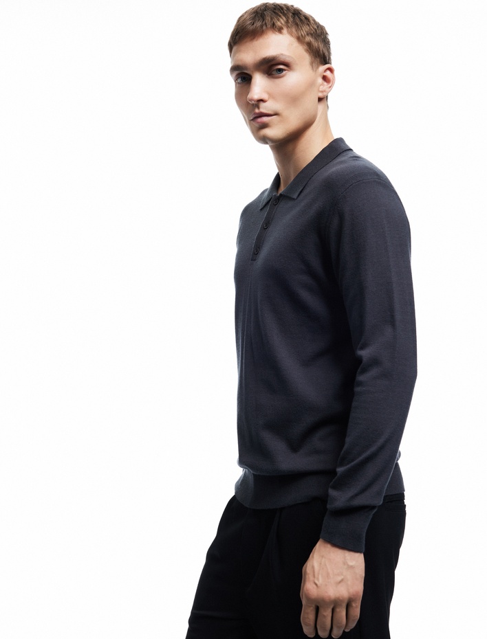  Uzun Kollu Düğmeli Polo Yaka Triko Kazak